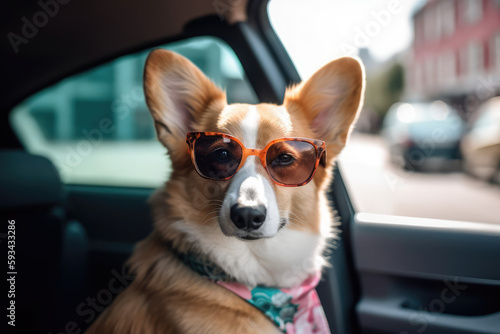 happy Corgi dog with colorful glasses rides in a car on a trip, generative AI © Kien