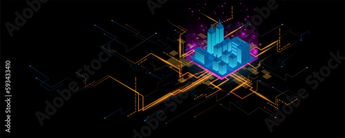 City background with architecture, skyscrapers, megalopolises, buildings, downtown. Communication network technology concept.