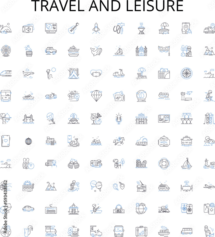 Obraz premium Travel and leisure outline icons collection. Vacation, Tour, Adventure, Sightseeing, Explore, Holiday, Recreation vector illustration set. Exploring, Cruise, Bike linear signs