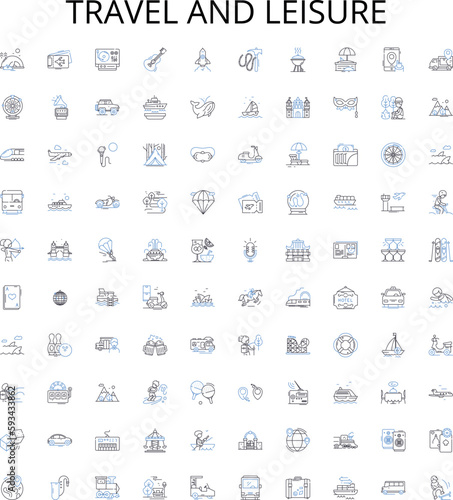 Travel and leisure outline icons collection. Vacation, Tour, Adventure, Sightseeing, Explore, Holiday, Recreation vector illustration set. Exploring, Cruise, Bike linear signs