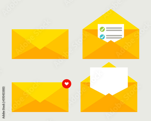 Letter envelope with paper document vector illustration. Closed, open with a message e-mail envelopes.