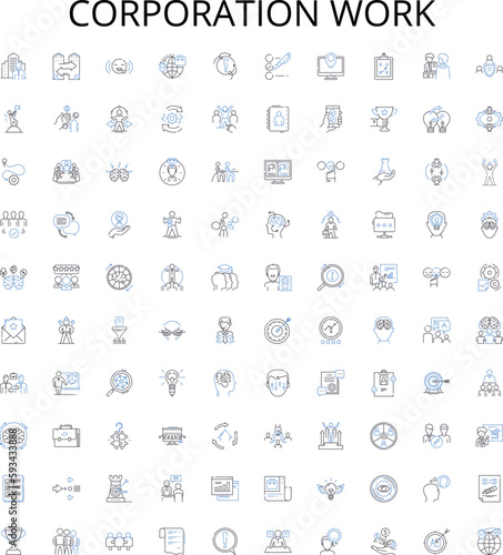 Corporation work outline icons collection. Corporate, work, management, business, organization, company, structure vector illustration set. operations, finance, HR linear signs