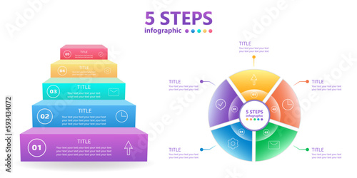 Business infographics of 5 steps in the form of a ladder and a pie chart. 3 D. Vector illustration.