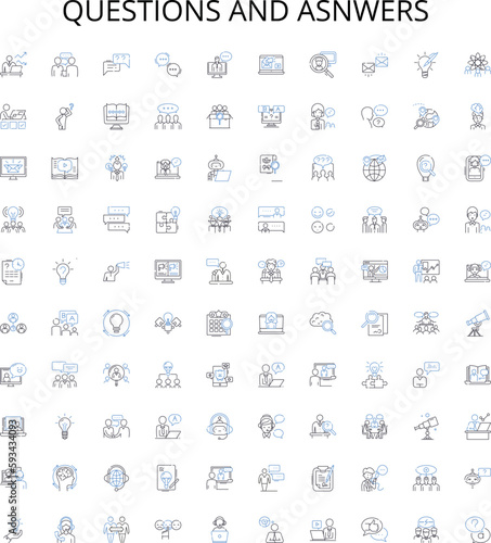 Questions and asnwers outline icons collection. Questions, Answers, Queries, Replies, Quizzes, Puzzles, Polls vector illustration set. Intentions, Inquiries, Tests linear signs