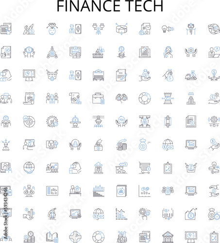 Finance tech outline icons collection. FinTech, Financial, Technology, Banking, Payments, Blockchain, Investing vector illustration set. Credit, Crypto, Analytics linear signs