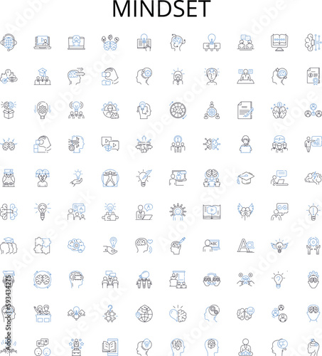 Mindset outline icons collection. Mental attitude, Outlook, Perspective, Perspective, Notion, Attitude, Viewpoint vector illustration set. Approach, View, Beliefs linear signs