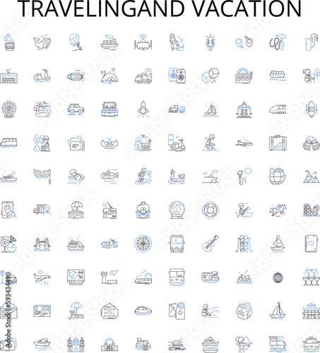 Travelingand vacation outline icons collection. Holiday, Touring, Escapade, Exploring, Excursion, Outing, Trekking vector illustration set. Trip, Getaway, Voyage linear signs