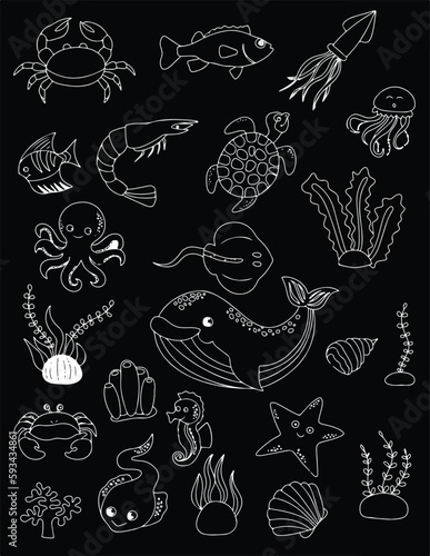 Black and white seafood vector line drawing
