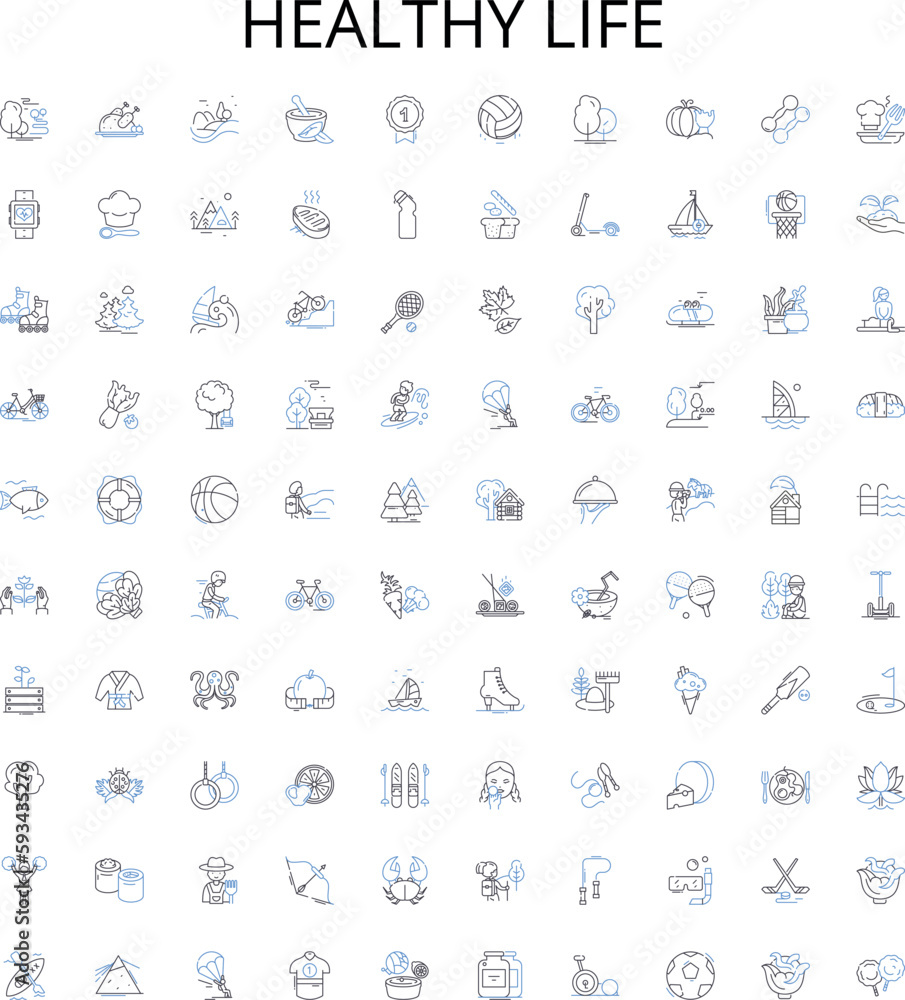 Obraz premium Healthy life outline icons collection. Healthy, Life, Diet, Exercise, Nutrition, Sleep, Hydration vector illustration set. Stress,Balance,Fitness linear signs