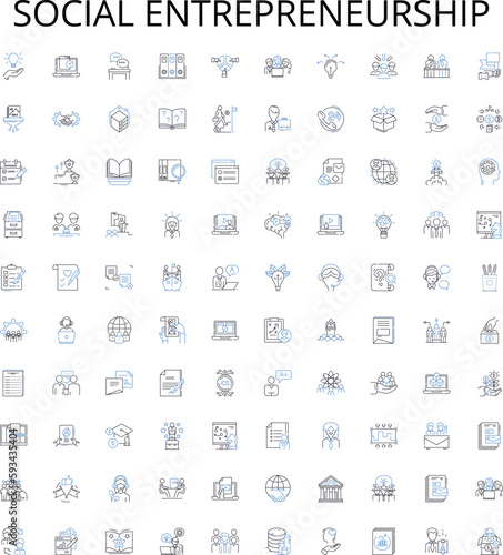 Social entrepreneurship outline icons collection. Social, Entrepreneurship, Innovation, Impact, Change, Enterprise, Collaboration vector illustration set. Business,Growth,Initiative linear signs