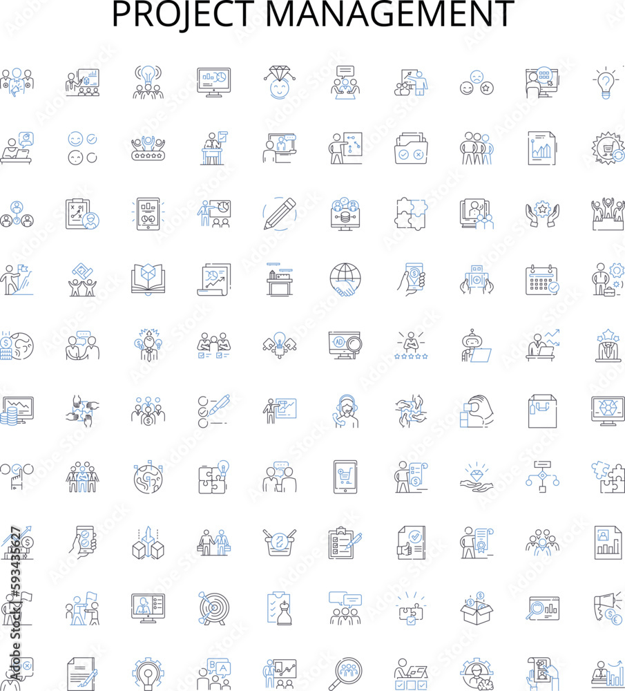 Project management outline icons collection. Planning, Scheduling, Tracking, Executing, Analysis, Organizing, Estimating vector illustration set. Teamwork, Budgeting, Resourceful linear signs Project management outline icons collection. Planning, Scheduling, Tracking, Executing, Analysis, Organizing, Estimating vector illustration set. Teamwork, Budgeting, Resourceful linear signs