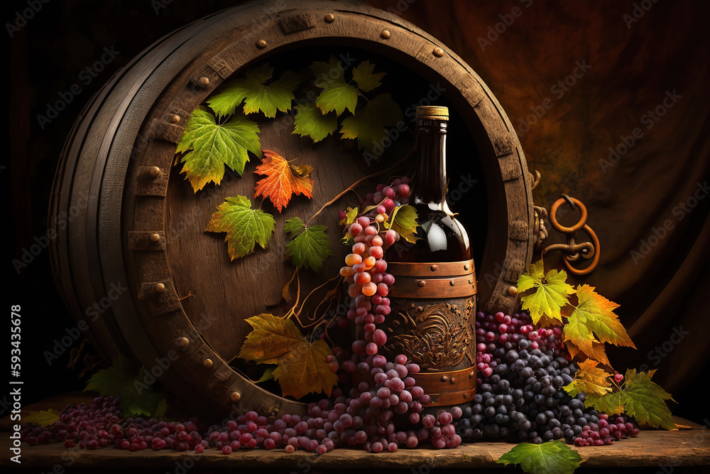 A wooden barrel with grapes and vines and a bottle of wine against a textured background.  Generative AI.