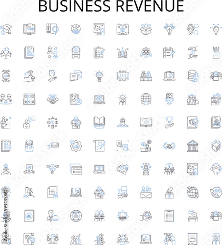 Business revenue outline icons collection. Profit, Revenue, Income, Sales, Turnover, Tariff, Dues vector illustration set. Dividends, Interest, Yield linear signs