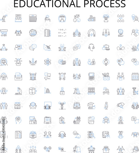 Educational process outline icons collection. Learning, Teaching, Assessing, Training, Studying, Instructing, Educating vector illustration set. Coaching, Exploration, Analysis linear signs