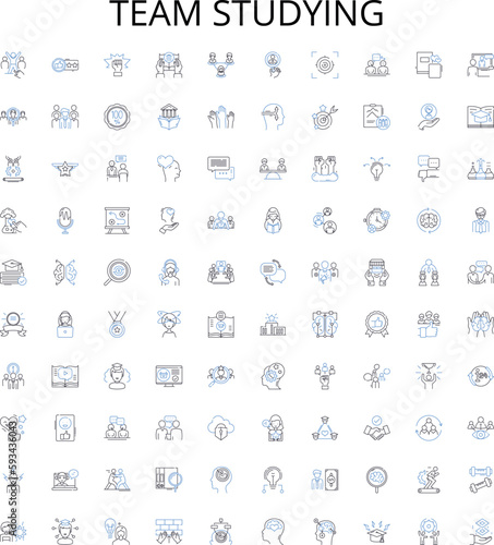 Team studying outline icons collection. Team, studying, colleagues, group, learn, collaborate, research vector illustration set. knowledge, skills, review linear signs