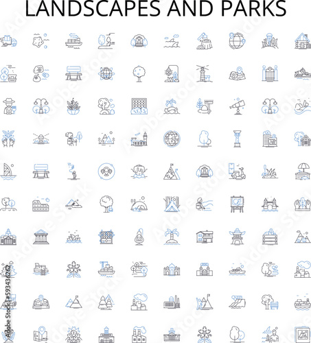 Landscapes and parks outline icons collection. Landscapes, Parks, Greenery, Trails, Nature, Trees, Outdoors vector illustration set. Scenic, Vistas, Fields linear signs