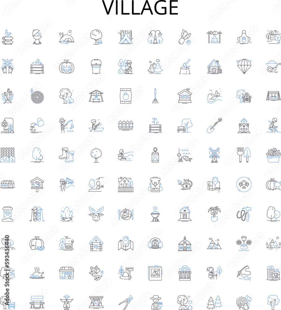 Village outline icons collection. Village, settlement, hamlet, township, rural, homestead, suburban vector illustration set. countryside, town, populace linear signs Village outline icons collection. Village, settlement, hamlet, township, rural, homestead, suburban vector illustration set. countryside, town, populace linear signs