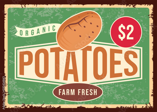 Farm fresh potatoes vintage tin sign vegetable market retro poster vector.