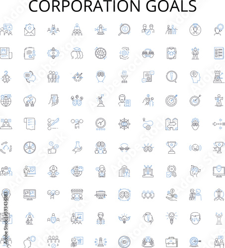 Corporation goals outline icons collection. Profitability, Growth, Expansion, Efficiency, Quality, Reach, Innovation vector illustration set. Return, Success, Prospects linear signs