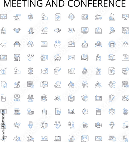 Meeting and conference outline icons collection. Conference, Meeting, Gatherings, Symposium, Forum, Seminar, Assembly vector illustration set. Conclave, Dialogues, Rendezvous linear signs