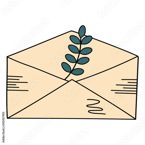 Doodle envelope with twig. Postal vintage element. Mail icon.