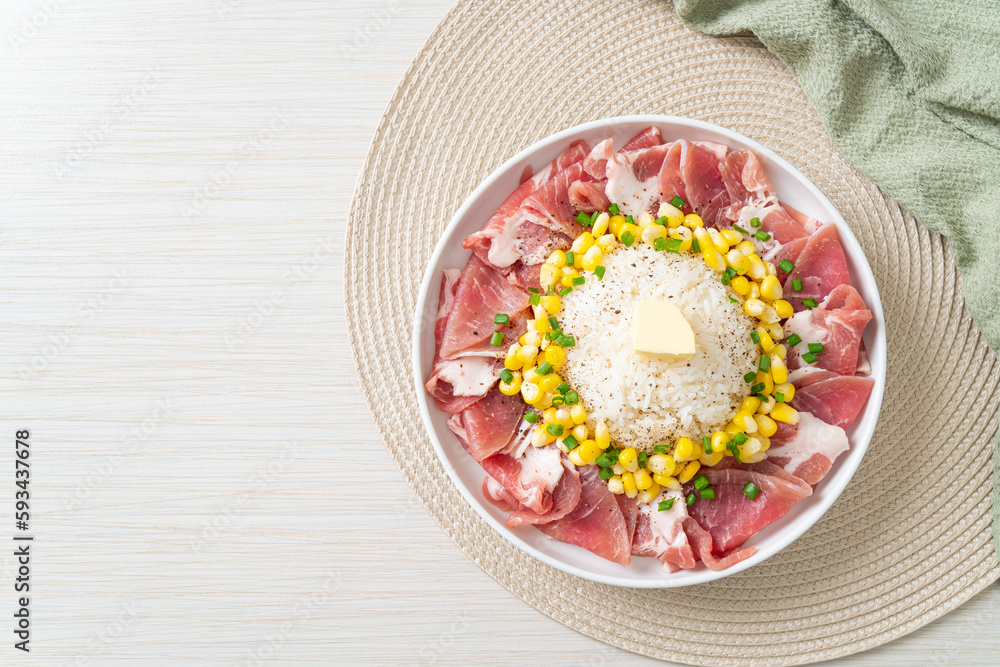 fresh pork raw sliced with rice and corn on plate and ready to cook fresh pork raw sliced with rice and corn on plate and ready to cook