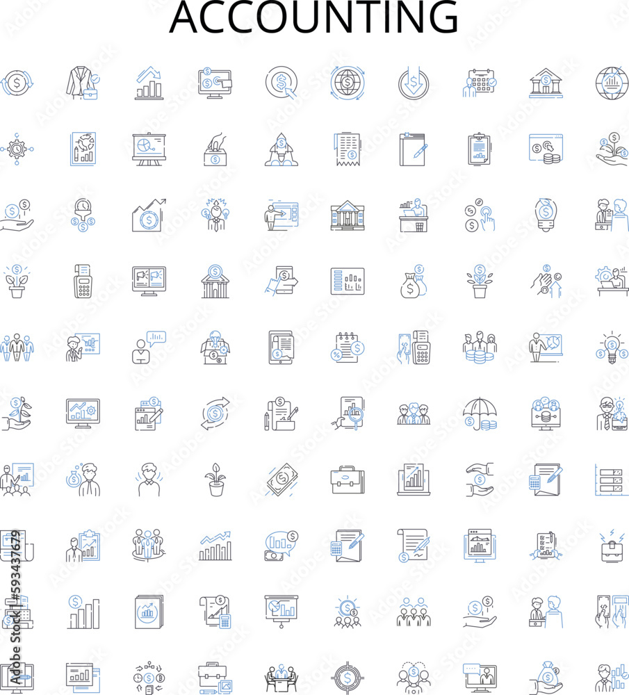 Accounting outline icons collection. Accounting, Bookkeeping, Reconciliation, Budgeting, Auditing, Taxes, CPA vector illustration set. Financial, Financials, Cashflow linear signs Accounting outline icons collection. Accounting, Bookkeeping, Reconciliation, Budgeting, Auditing, Taxes, CPA vector illustration set. Financial, Financials, Cashflow linear signs