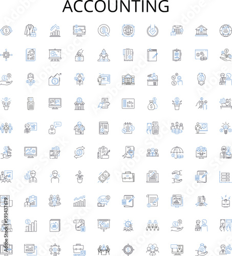 Accounting outline icons collection. Accounting, Bookkeeping, Reconciliation, Budgeting, Auditing, Taxes, CPA vector illustration set. Financial, Financials, Cashflow linear signs