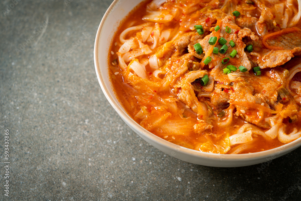 Korean udon ramen noodles with pork in kimchi soup Korean udon ramen noodles with pork in kimchi soup