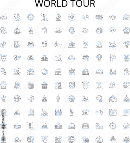 World tour outline icons collection. Travel, Globe, Journey, Circumnavigate, Vacation, Trip, Expedition vector illustration set. Circumvent, Expeditionary, Wander linear signs
