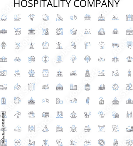 Hospitality company outline icons collection. Hotel, Inn, Lodge, Resort, B&B, Hostel, Boutique vector illustration set. Vacation, Airbnb, Concierge linear signs