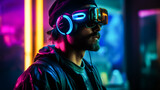Man wearing neon light and pair of vr glasses. Male wearing goggles watching video. Generative AI.
