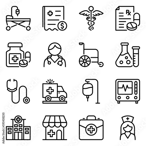 hospital line icons set. nursing, doctor, stethoscope, pharmacy, pulse, healthcare, drug, wheelchair, prescription, nurse, reception, urgency, rescue, checkup