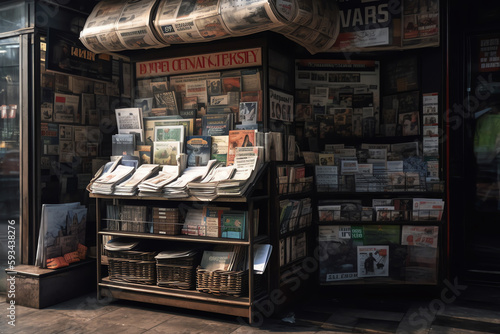 A newsstand with newspapers and magazines. generative AI photo