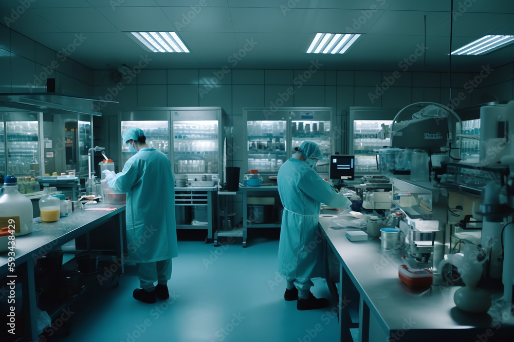 A pharmaceutical lab with workers. generative AI A pharmaceutical lab with workers. generative AI