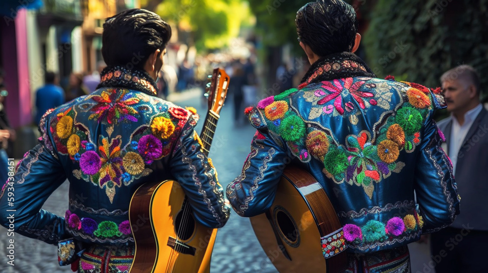 Mexican Independence. Cinco de mayo. Mexican men wearing traditional mariachi clothing playing guitar. Generative AI.