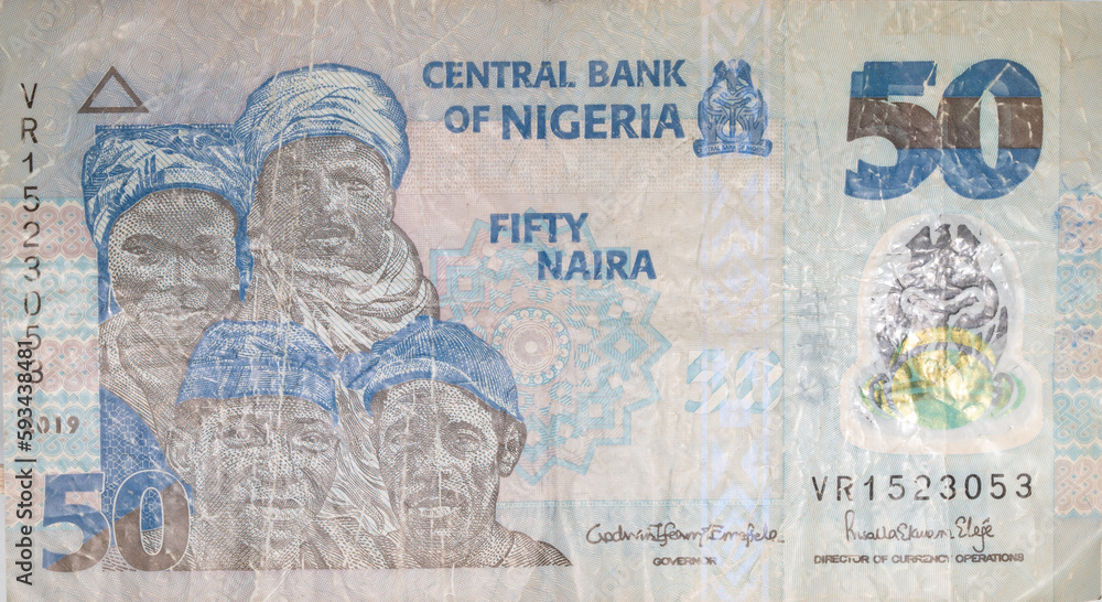 old Nigerian banknote of 50 Niara blue color
