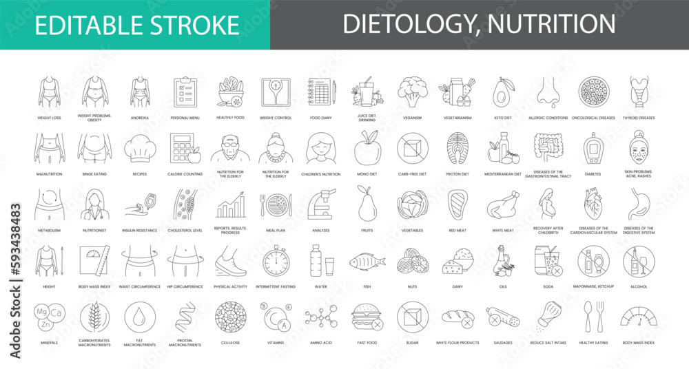 Dietology and nutritiology line icons set in vector, problems and obesity, weight loss and anorexia, personal menu and malnutrition, metabolism and diet, vitamins and trace elements. Editable stroke