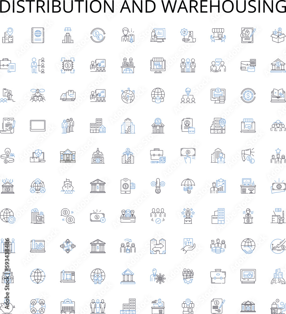 Distribution and warehousing outline icons collection. Distribution, Warehousing, Logistics, Inventory, Supply Chain, Fulfilment, Delivery vector illustration set. Transport, Shipping, Management