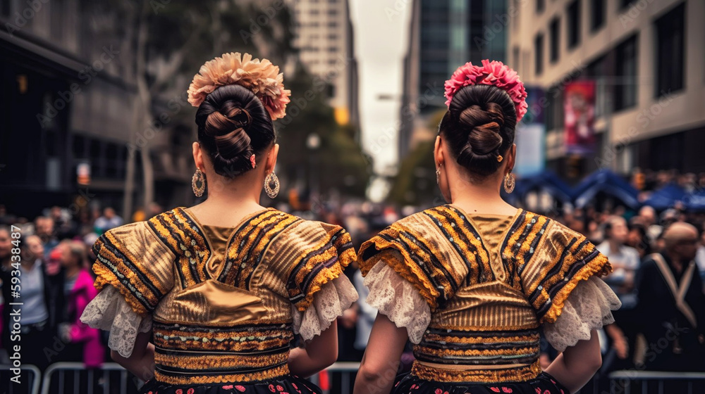 Colorful skirts fly during traditional Mexican dancing. Generative AI