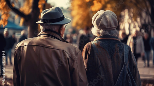  old couple walking in the park. Generative AI