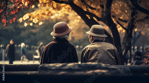  old couple walking in the park. Generative AI