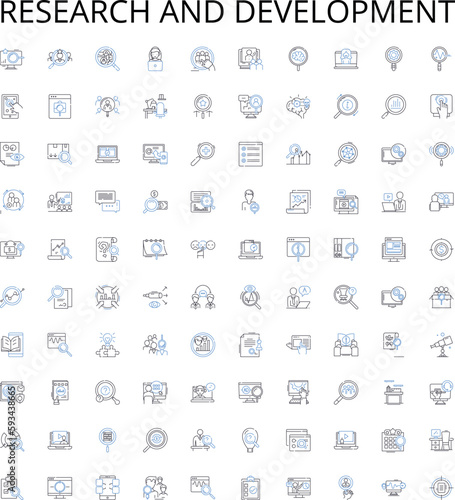 Research and development outline icons collection. Research, Development, Innovation, Adaptation, Experimentation, Advancement, Analysis vector illustration set. Modification, Improvement, Creation