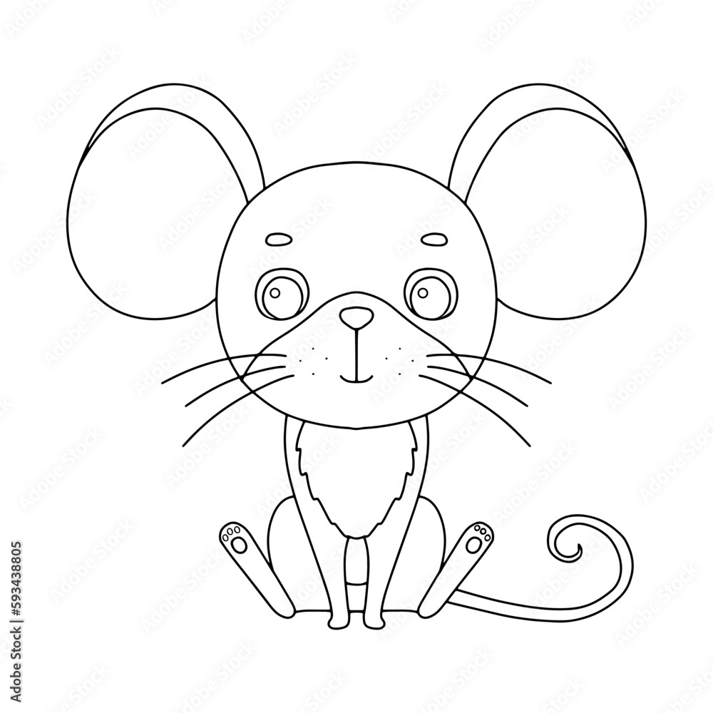 Obraz premium Line cute sitting mouse. Vector outline graphic illustration, character baby mouse isolated on white