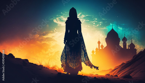 Silhouette of prayer girl and mosque in sunset.Generative AI
