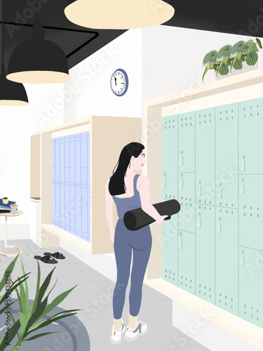 Healthy Lifestyle Concept Illustration
- A woman wearing workout clothes is standing in front of a gym locker with a yoga mat in her hand.
