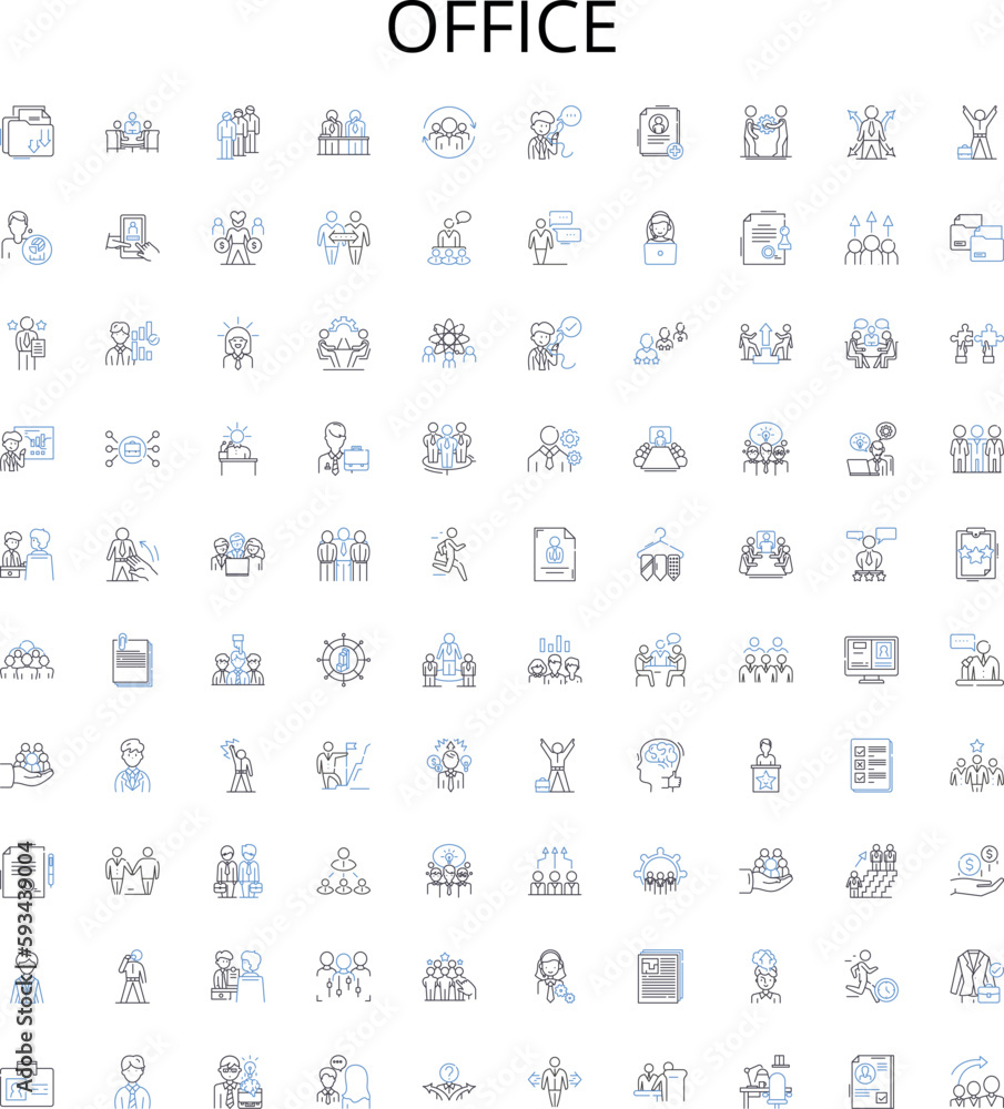Office outline icons collection. Workplace, Desk, Chair, Computers, Stationery, Printer, Filing vector illustration set. Management, Supplies, Clerical linear signs