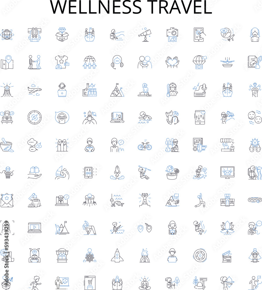 Fototapeta premium Wellness travel outline icons collection. Wellness, travel, retreat, spa, relaxation, health, yoga vector illustration set. meditation, nature, holiday linear signs