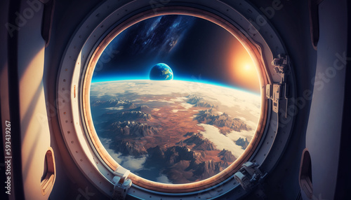 View from a porthole of space station on the Earth background. Generative AI