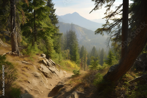 Mountain landscape, path between trees and plants. Hiking. generate by ai